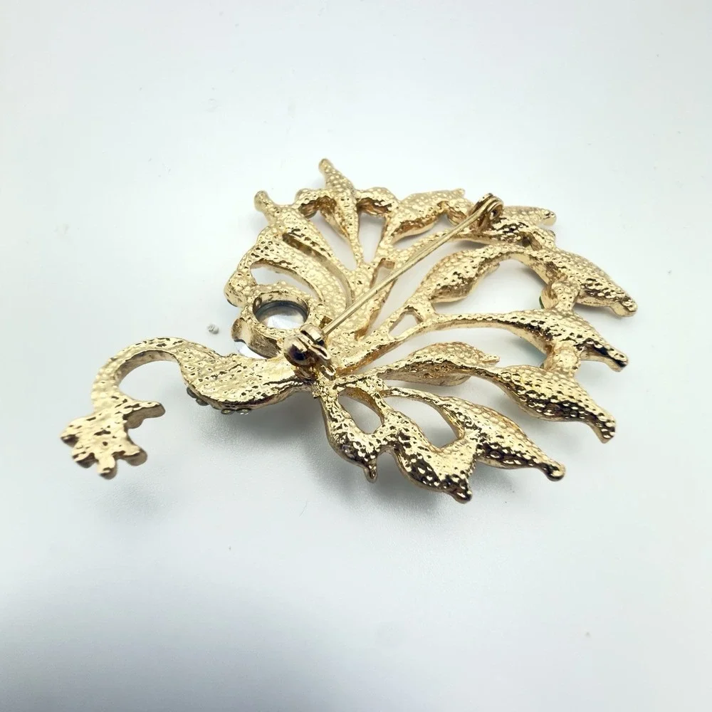 Hummingbird & Peacock Brooch Set Gold Tone Rhinestone Enamel Bird Pins